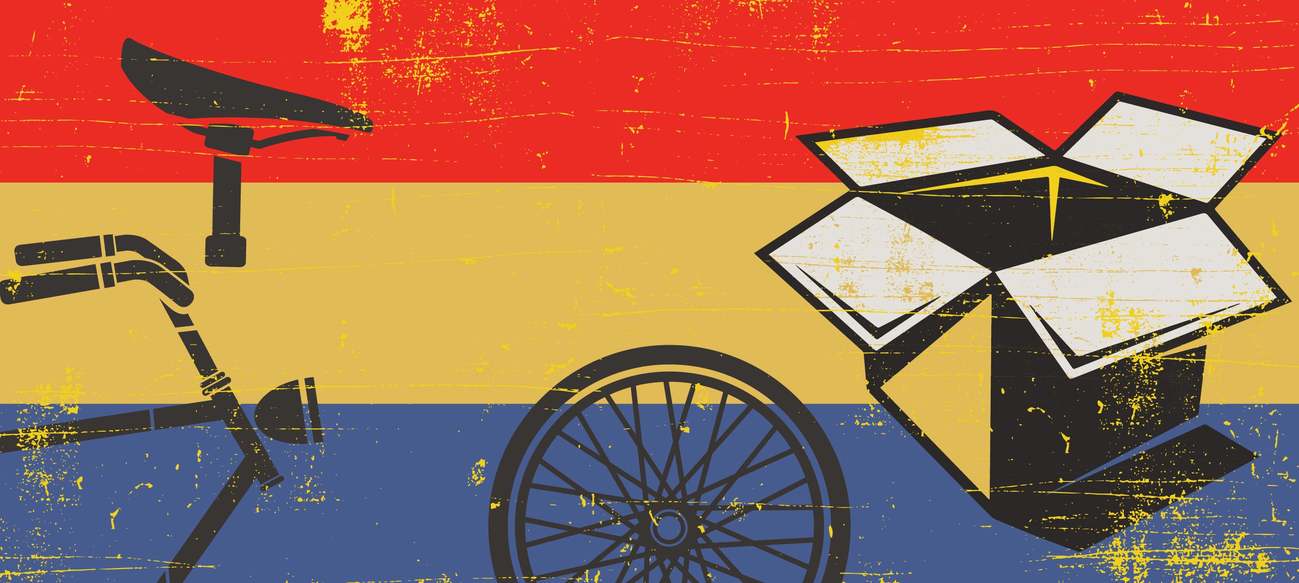 Bike parts and box silhouettes on a distressed Apple County Cycles branded background