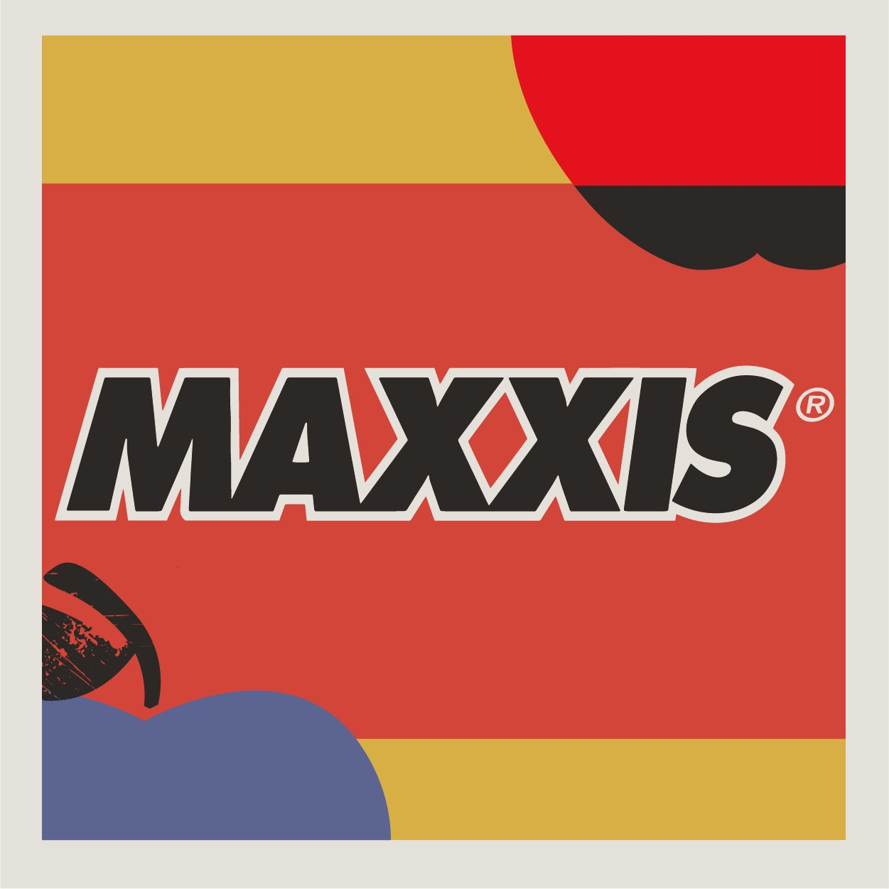 Maxxis logo on an Apple County Cycles branded backlground