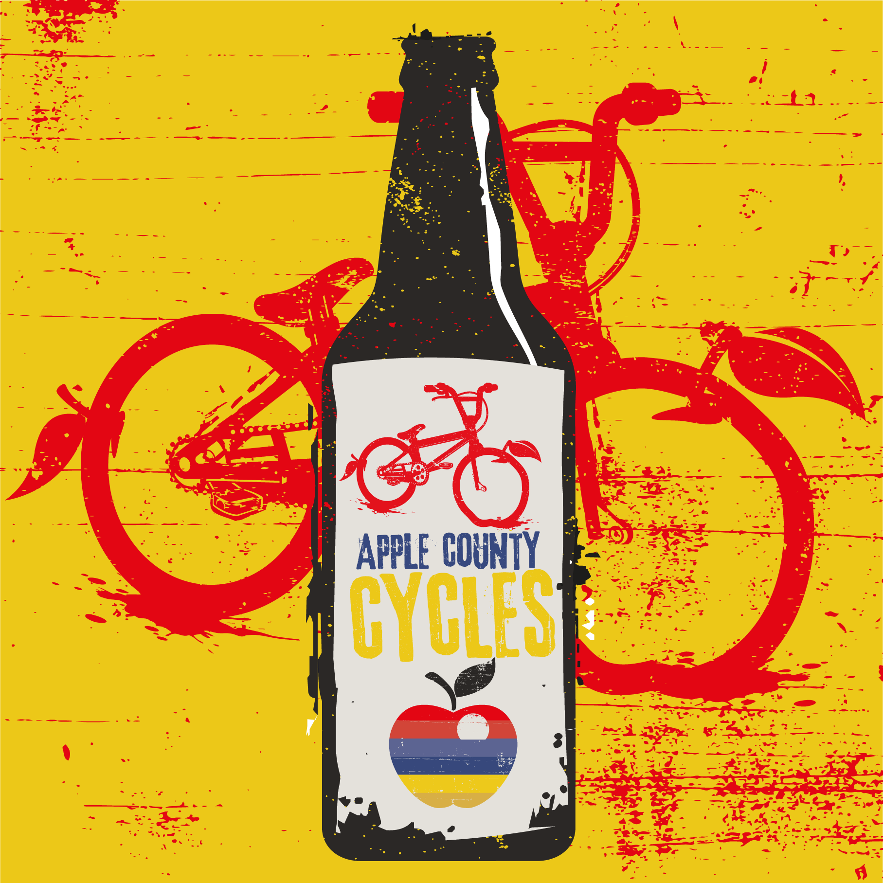 Distressed artwork of cider bottle with Apple County Cycles logo as a label