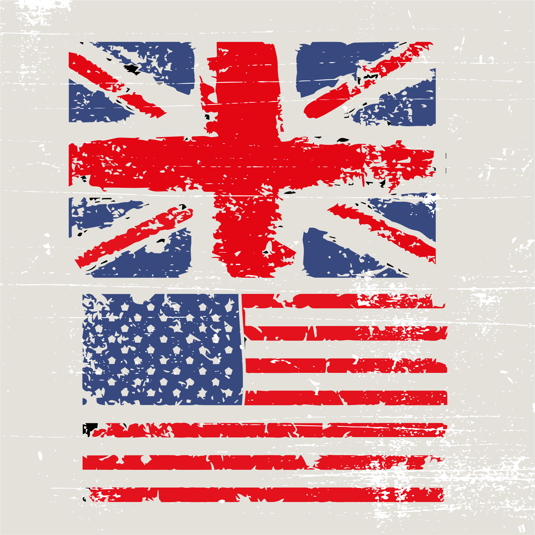 Distressed British  and American flag on off white background