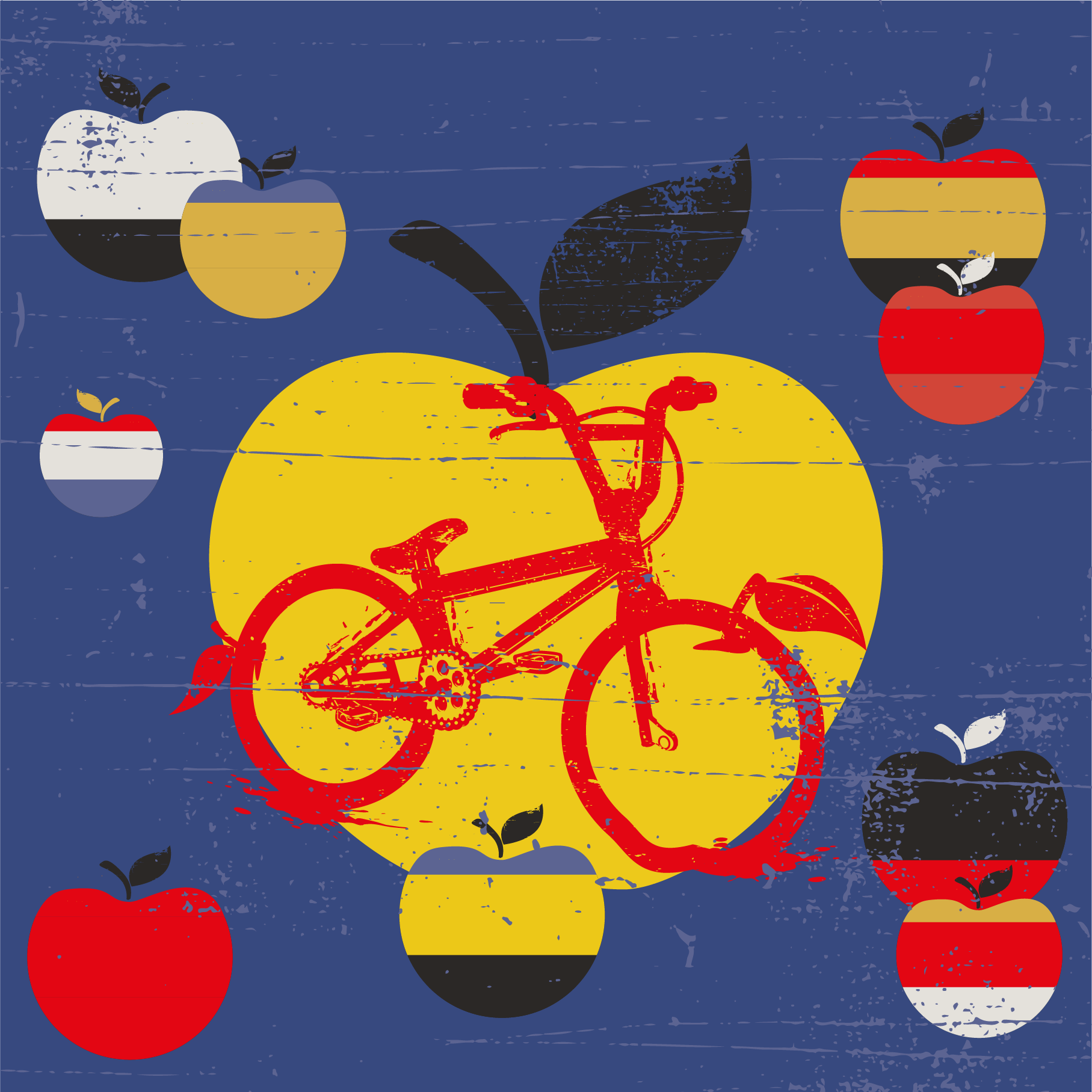 Apple County cycles logo icon in red on a bliue background, surrounded by apples of different shapes and colours