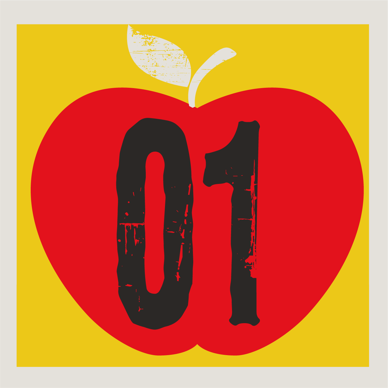 01 in black on a red apple graphic