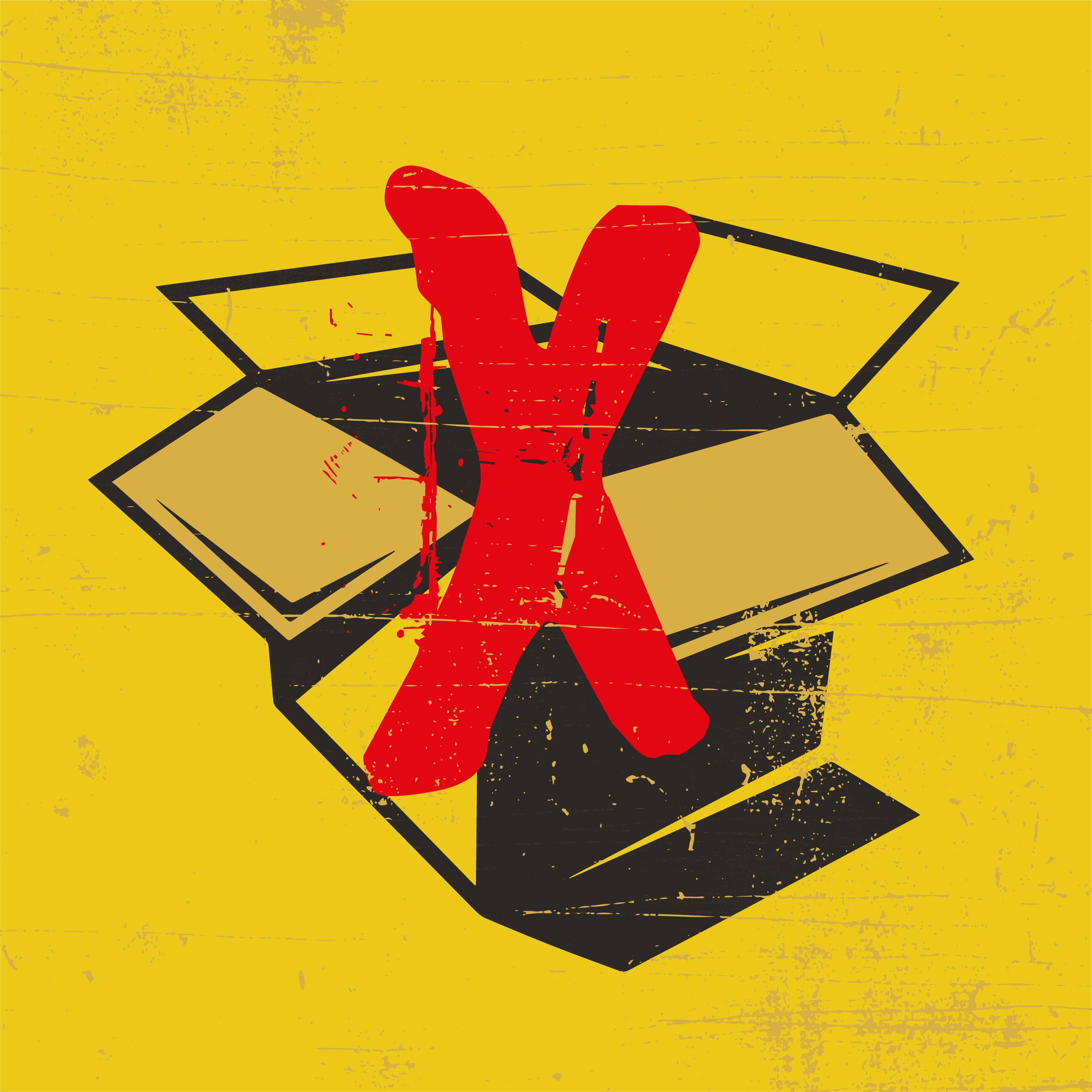 Silhouette of open box on a yellow background with big red cross