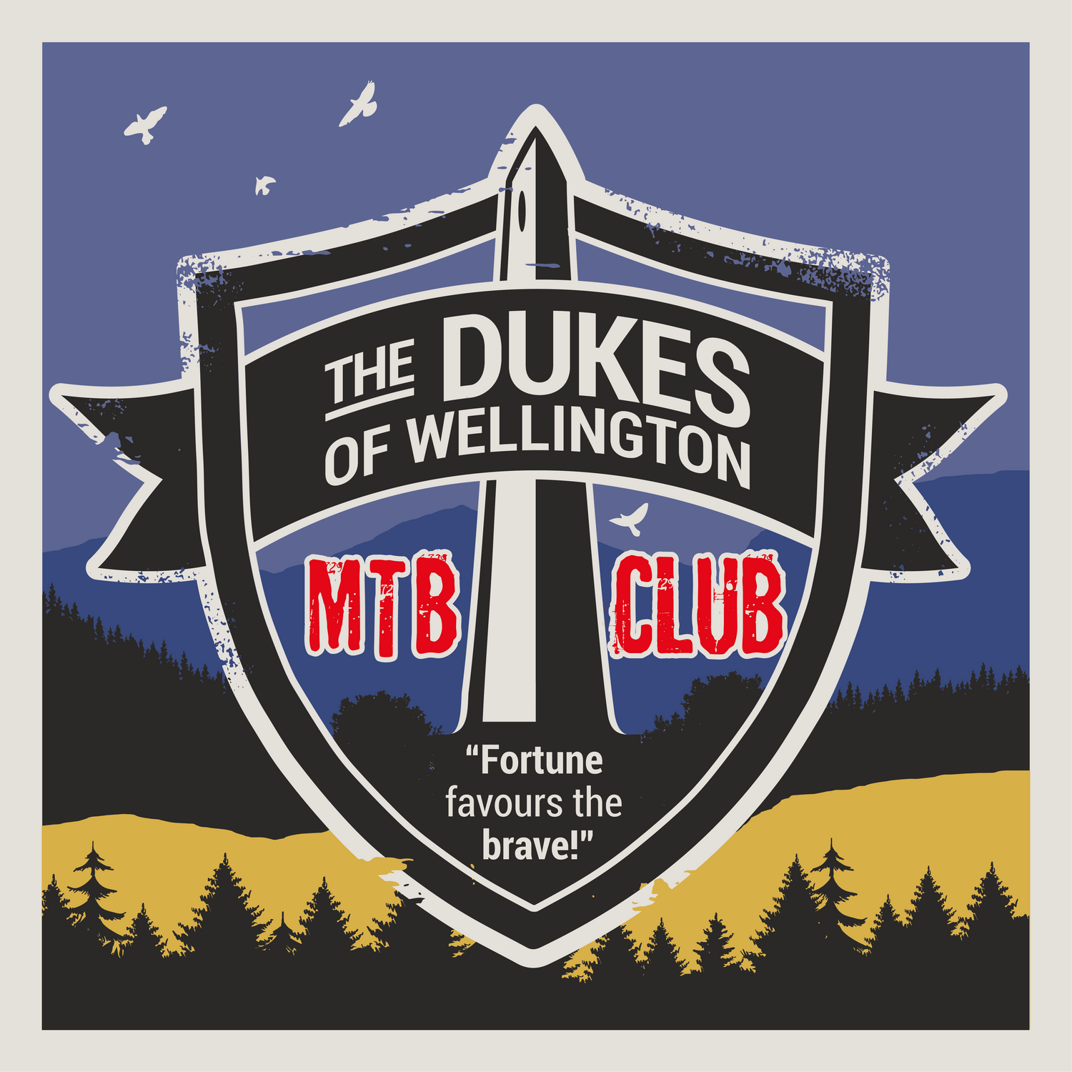 The Dukes of Wellington Mountain Bike Club logo on a hill scene in branded colours