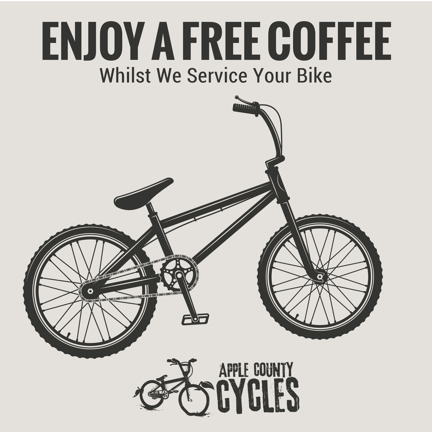 Rotating gif of a bike with wheels made of coffee cup and coffee ring with the cafe brand name