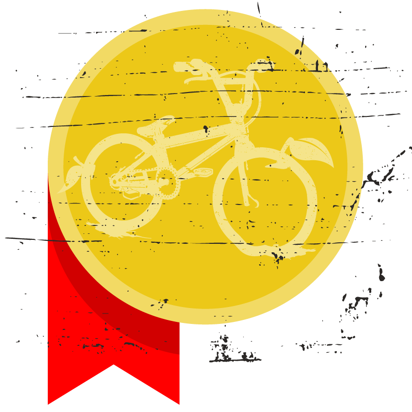 Gold coin with Apple County Cycles logo Icon and red ribbon