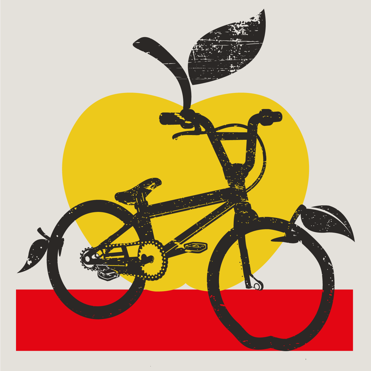 Apple Couty Cycles logo icon of a BMX bike with apple wheels on an Apple County Cycles branded background