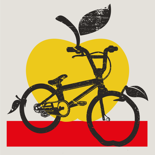 Apple Couty Cycles logo icon of a BMX bike with apple wheels on an Apple County Cycles branded background