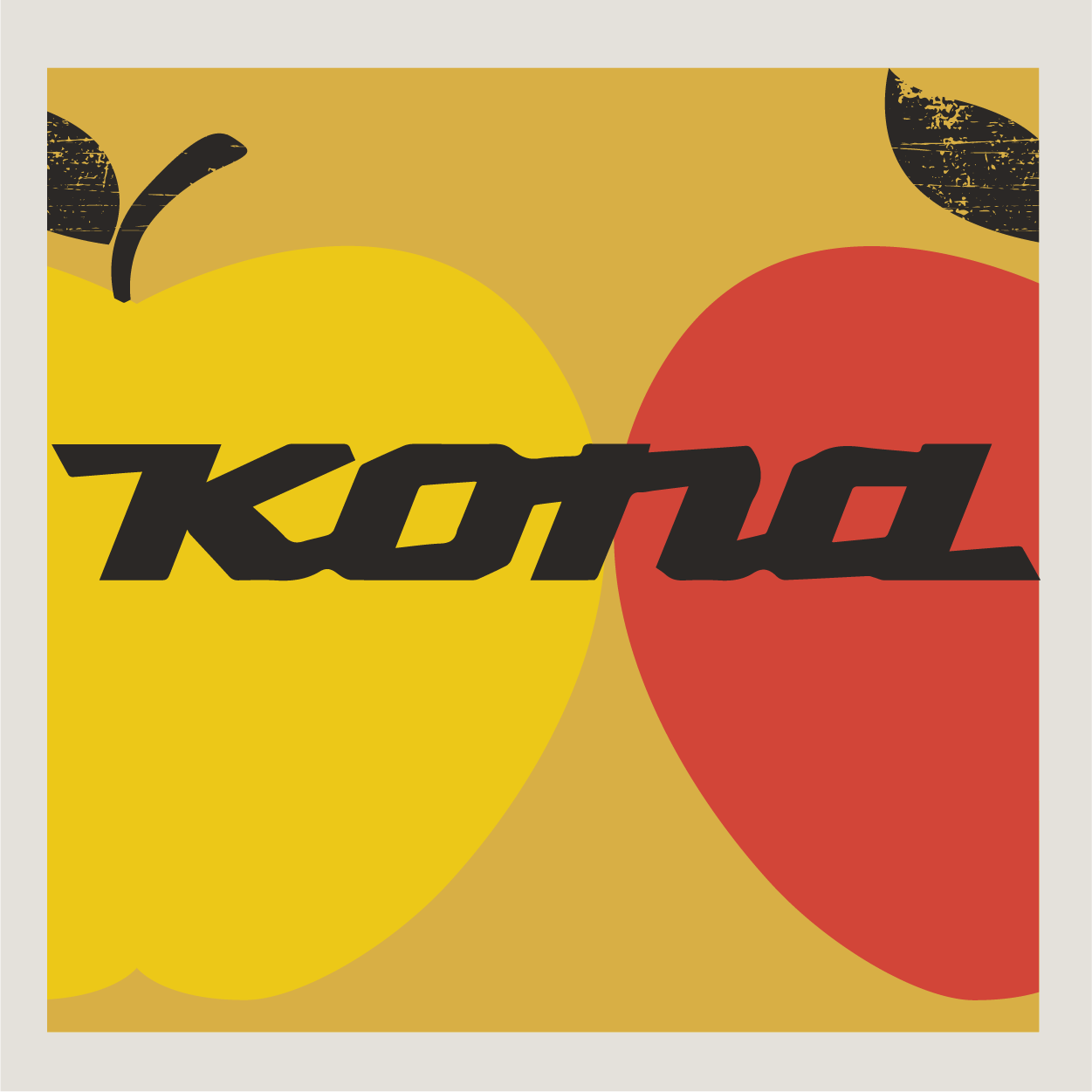 Kona logo in black on an Apple County Cycles branded background