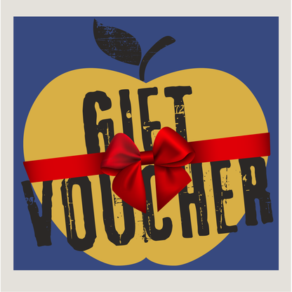 Yellow apple with red bow with black 'Gift Voucher' text in black