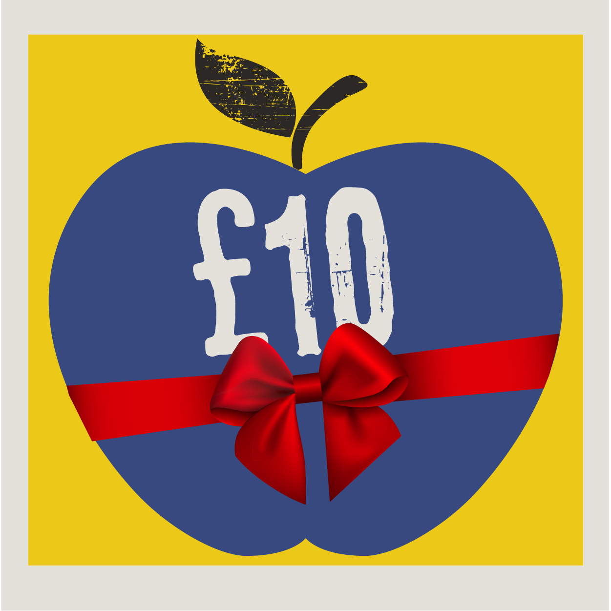 £10 in white on an apple with bow