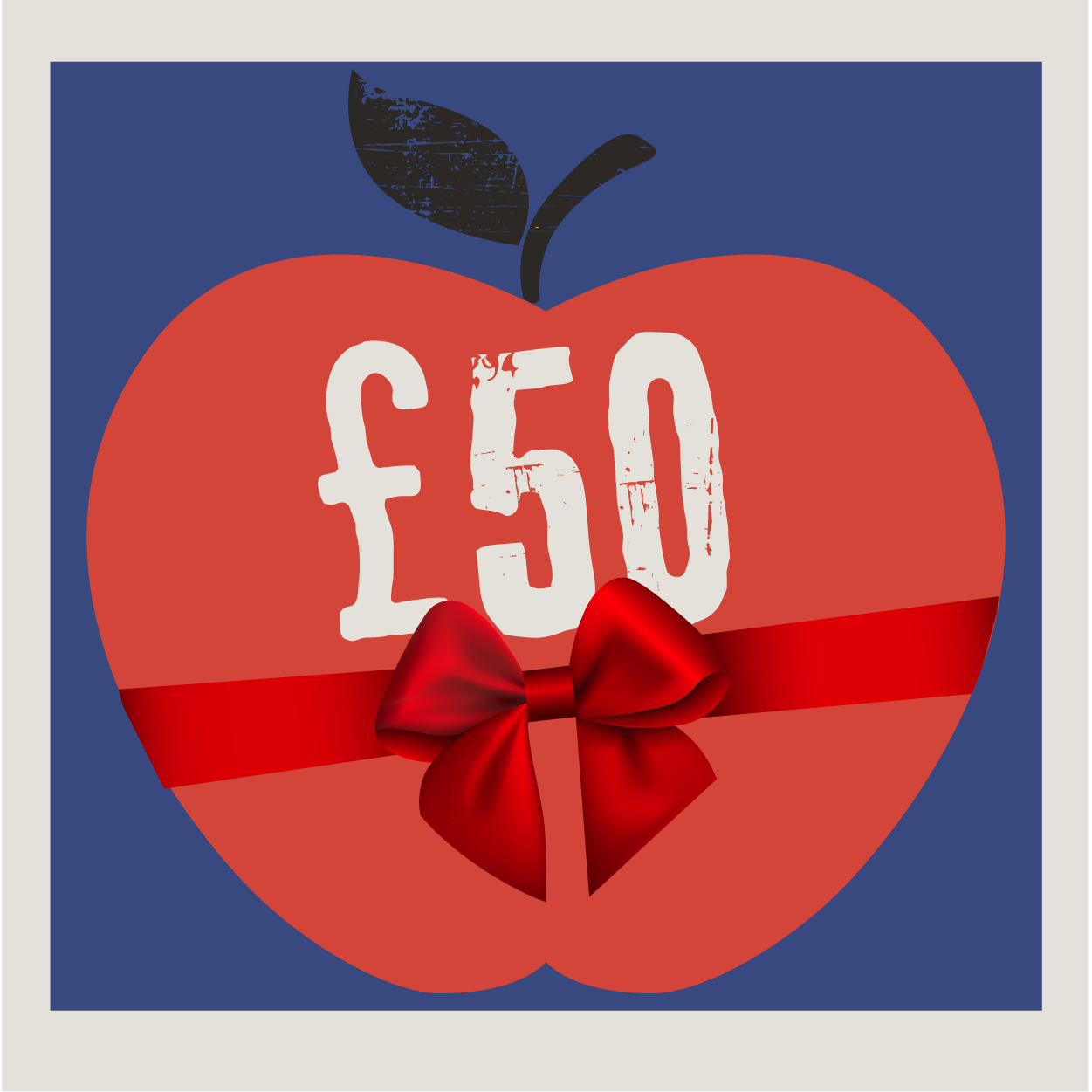 £50 in white on an apple with bow