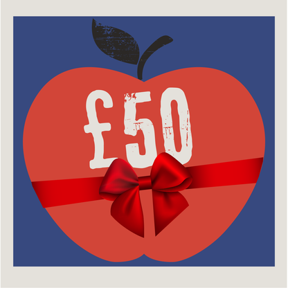 £50 in white on an apple with bow
