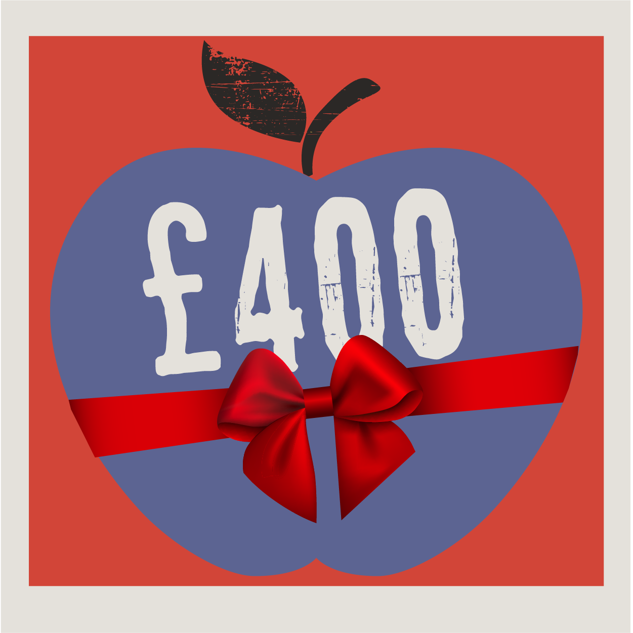 £400 in white on an apple background with bow