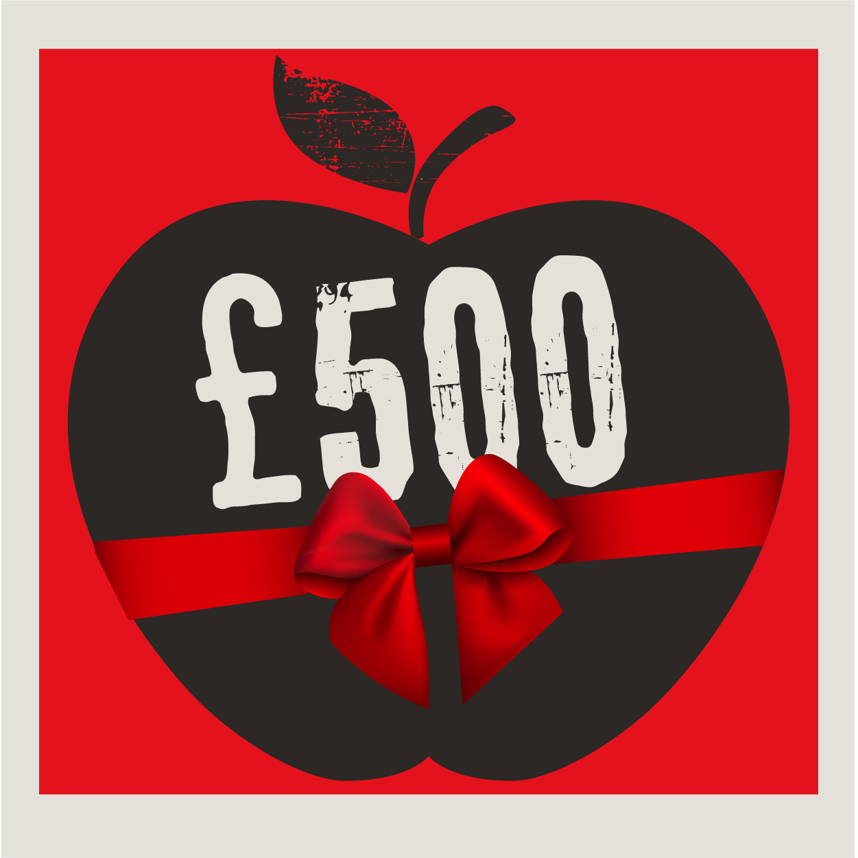 £500 in white on an apple background with bow