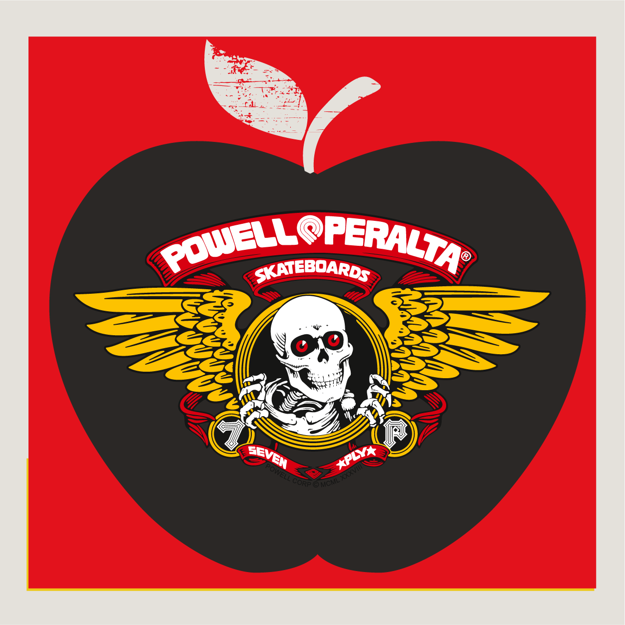 Powell Peralta Skateboards logo on an Apple County Cycles branded background