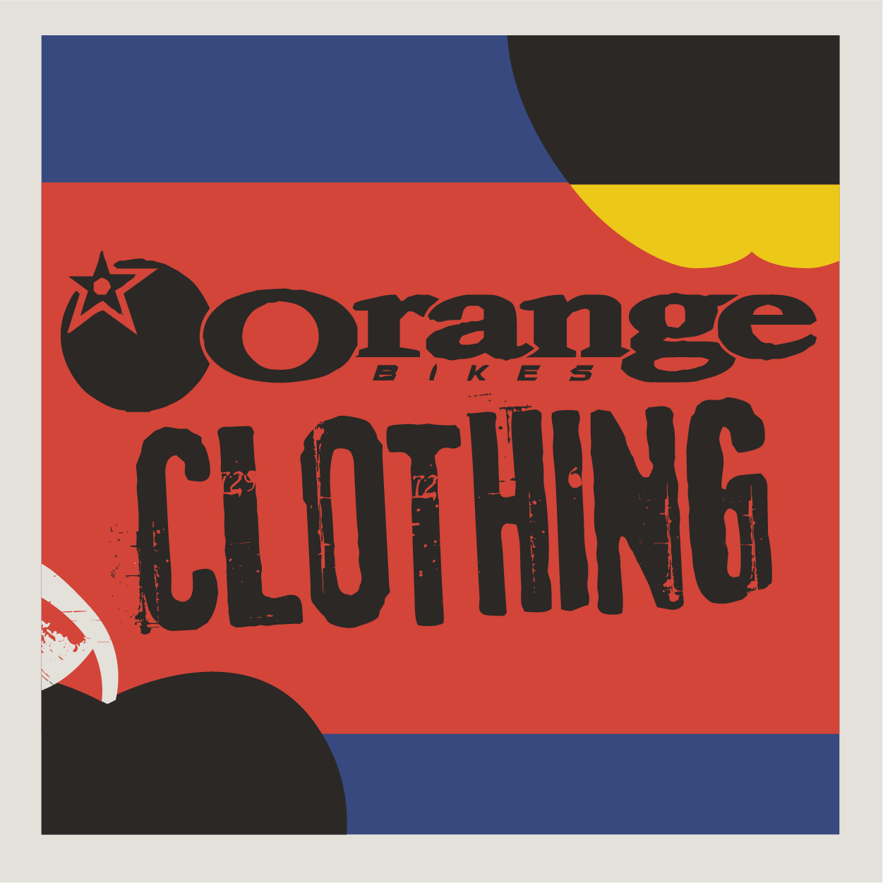 Orange Bikes and Clothing on an Apple County Cycles branded background