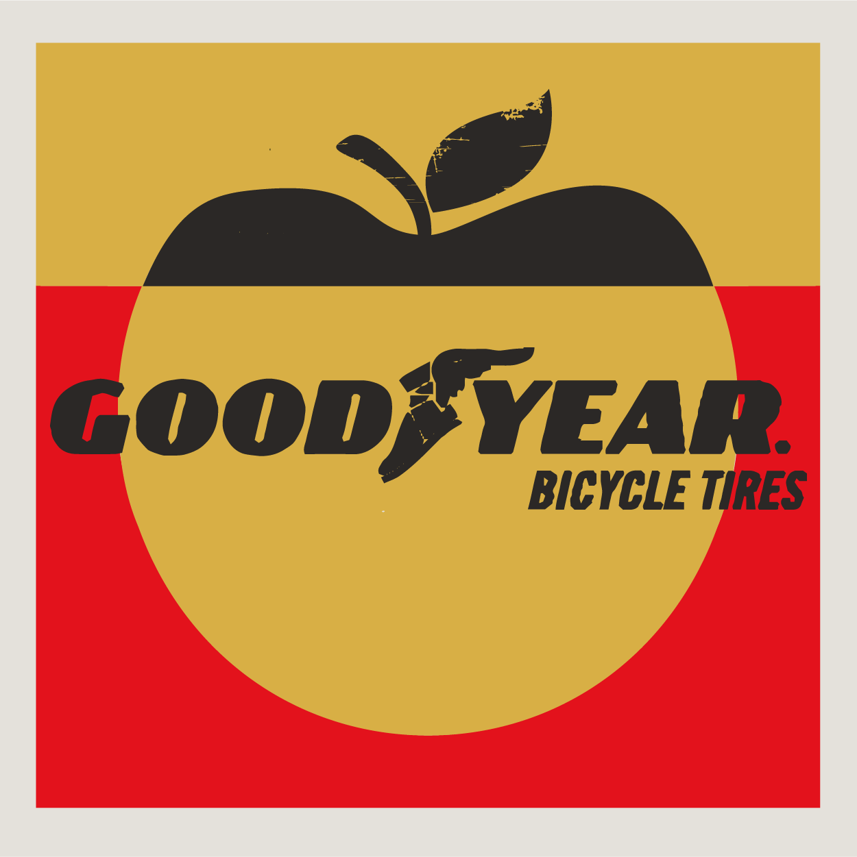 Goodyear Bicycle Tyres Logo in black  on an Apple County Cycles branded background