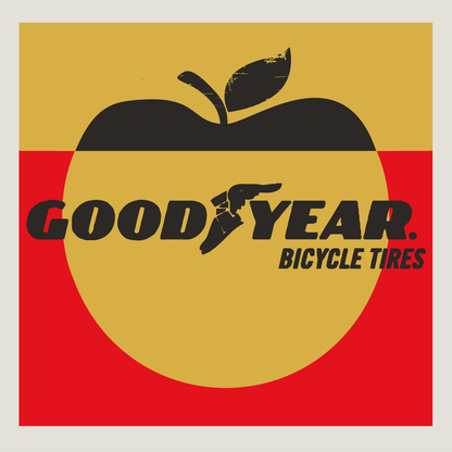 Goodyear Bicycle Tyres Logo in black  on an Apple County Cycles branded background