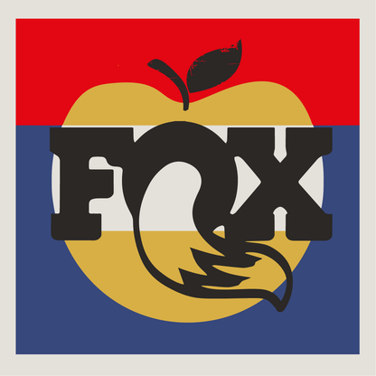 Fox logo in black on an Ap-ple County Cycles branded background