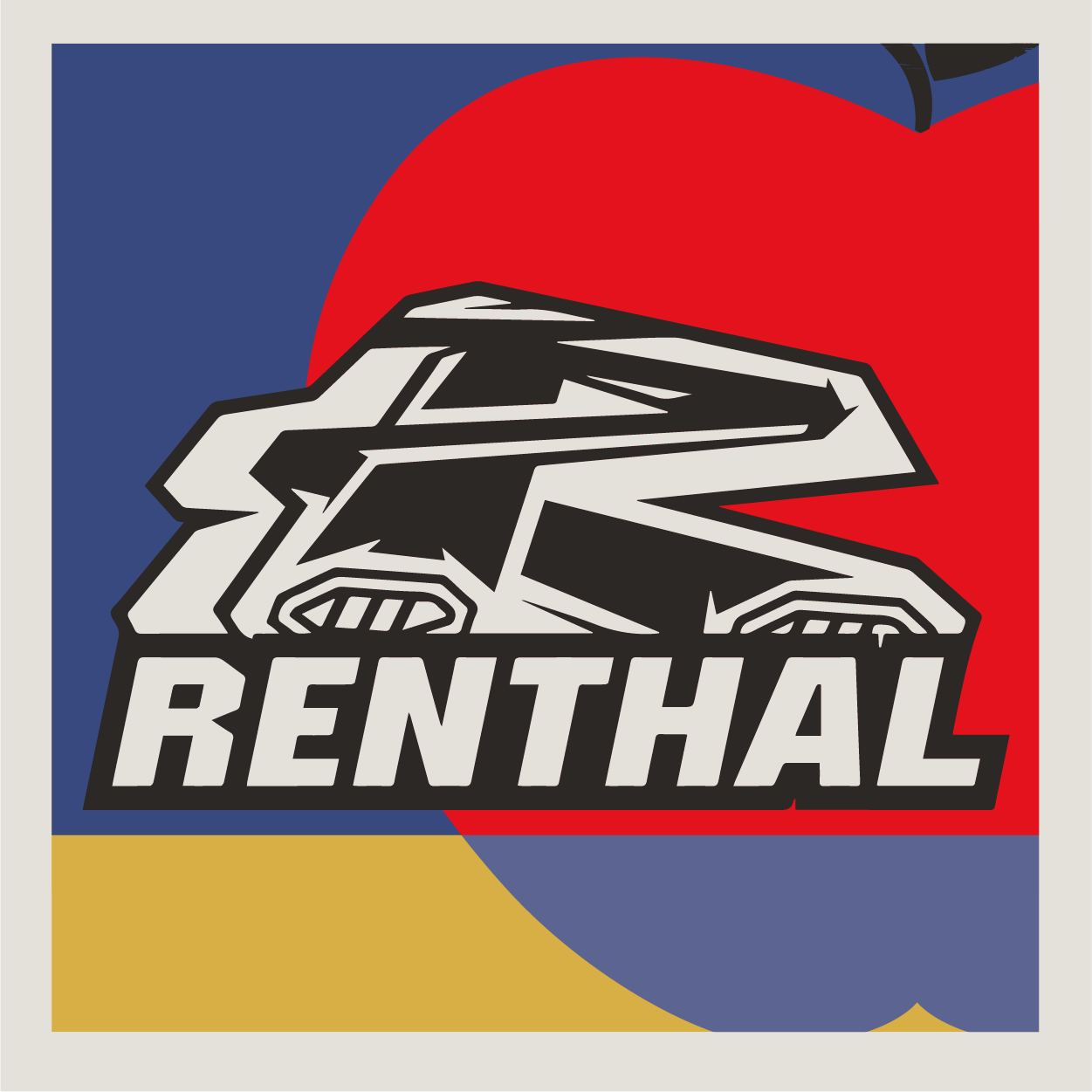 Renthal logo in black on an Apple County Cycles branded background