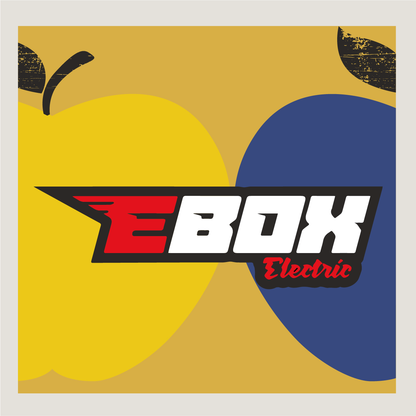 Ebox logo in red white and black on an Apple County Cycles branded background