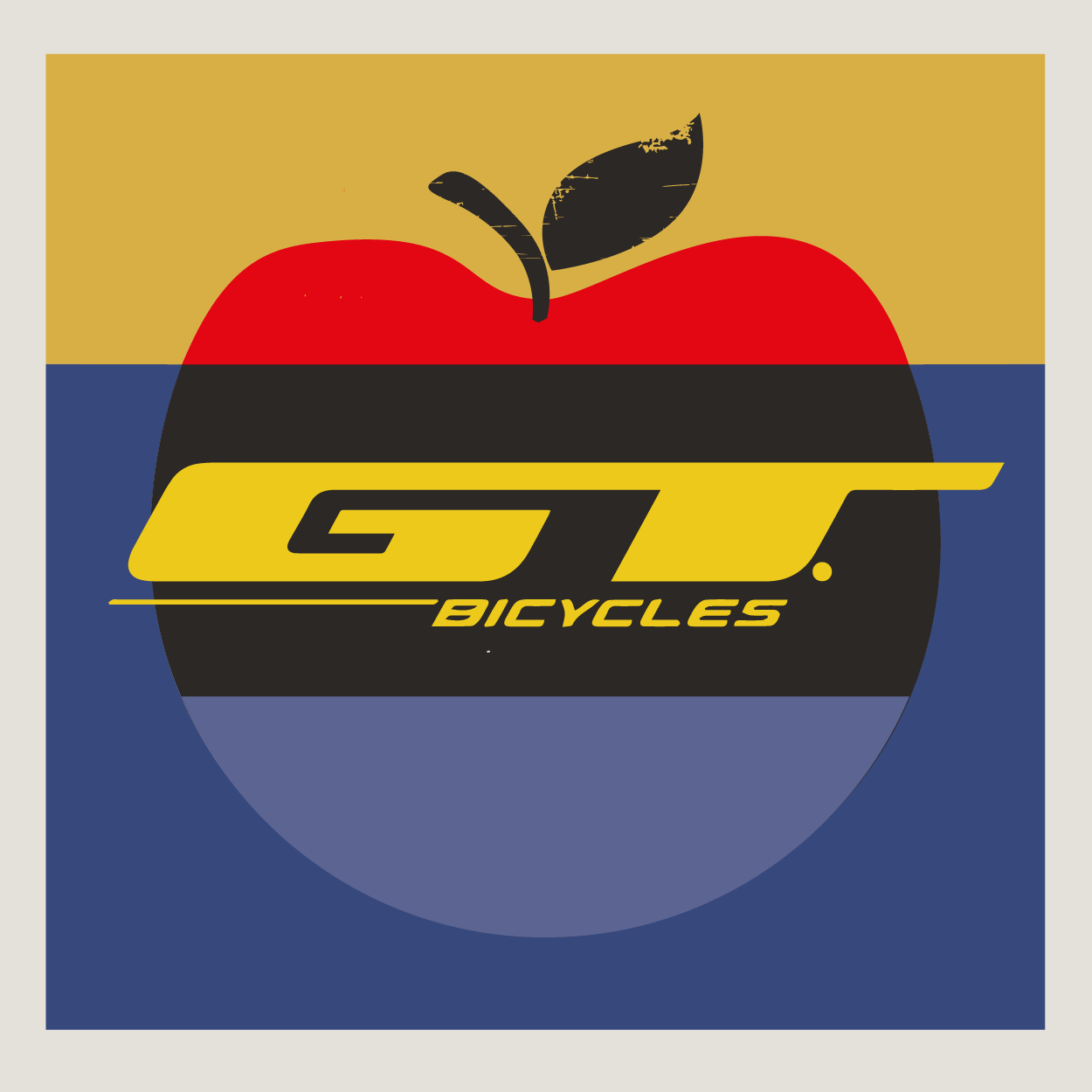 GT Bicycles logo in yellow on a blue background with apple design