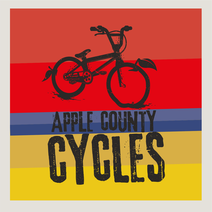 Apple County Cycles logo in black over red, blue and yellow background