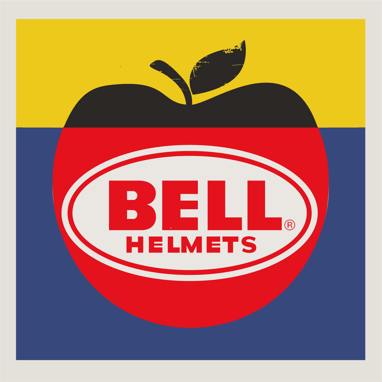 Bell Helments logo in white over an Apple County Cyles branded graphic